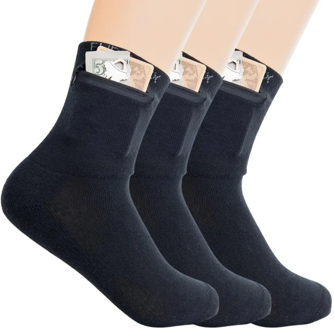 Flippysox Zipper Sock Wallet (3 Pack) - Cotton & Polyester Zipper Socks with Pockets - Fits shoe size 6-13 - Black