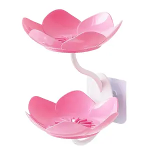 2pcs Soap Dish Holder for Shower Bar Double Layer Cute Lotus Shape Adhesive Tray Sink Wall Mounted Shampoo NO-Drilling Self Draining Hanging Saver Rack Plastic Bathroom Bathtub Kitchen，Pink，Bathroom Supplies