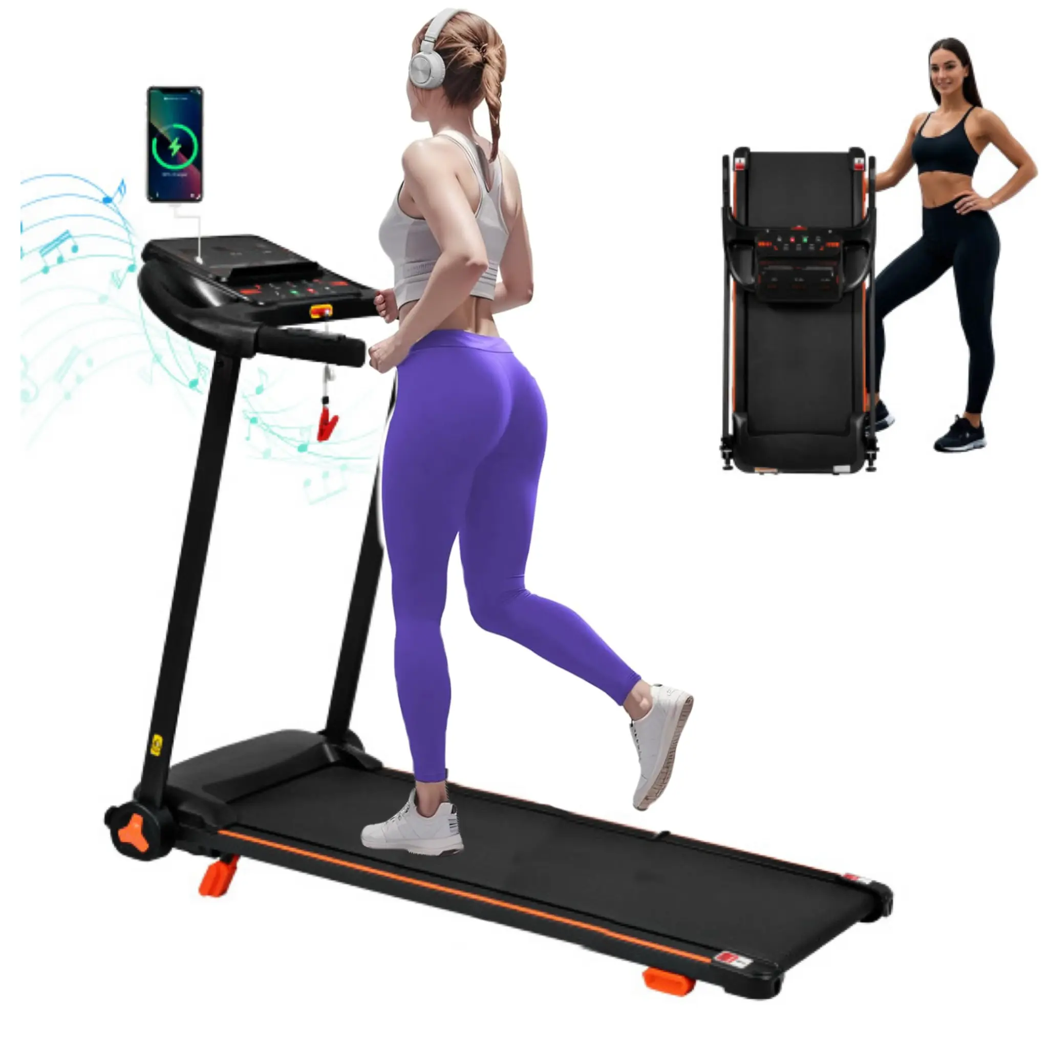 2.5HP Quiet Folding Treadmill for Home with Heart Rate Sensor, 300lbs Capacity, 7.5MPH, Incline & USB Charge for Android, Bluetooth Speaker, 6 Shock-Absorbing