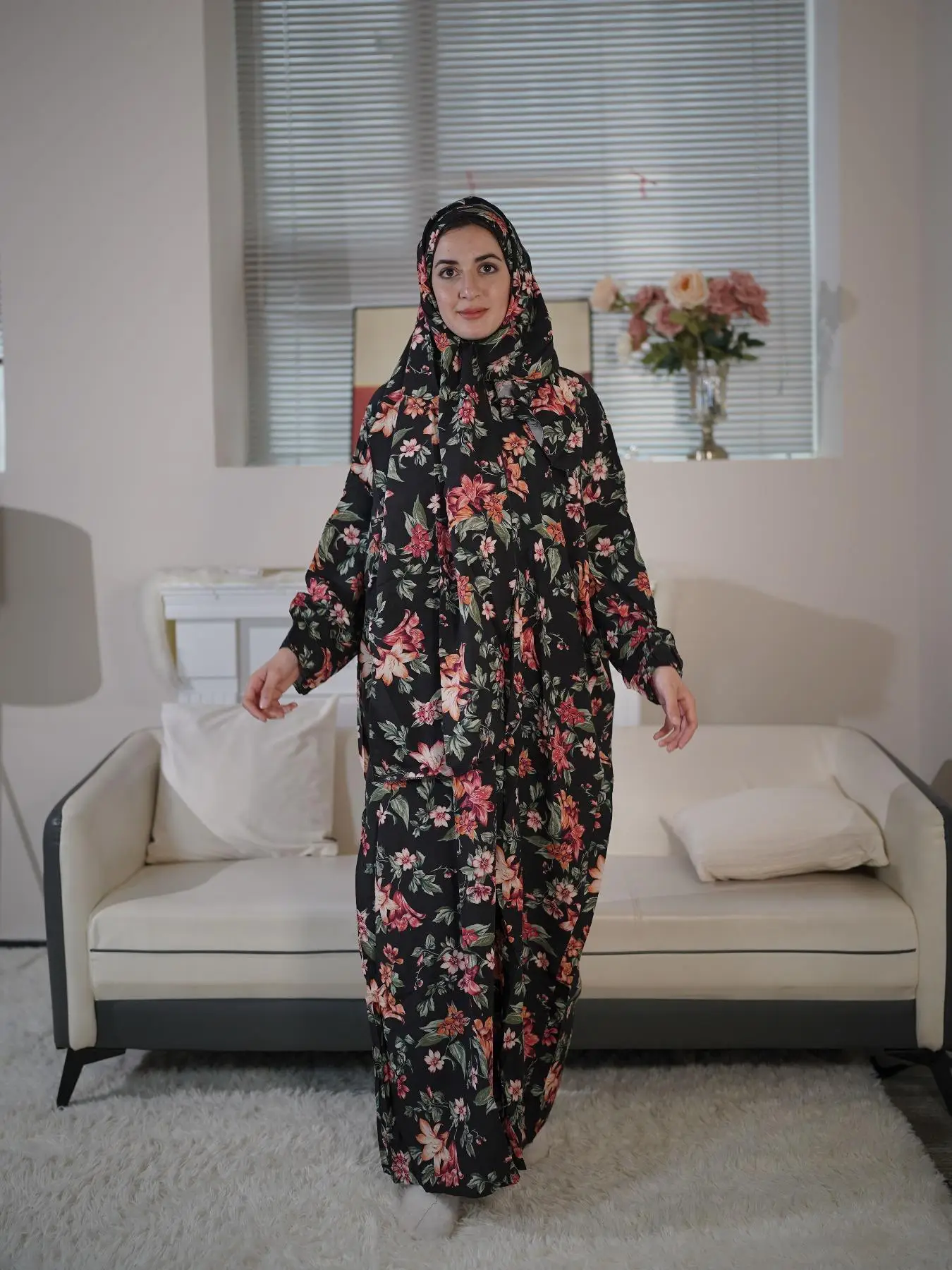 Women's Floral Print Long Sleeve Maxi Prayer Dress with Scarf, Elegant Bishop Sleeve Long Robe, Muslim Clothing for All Seasons