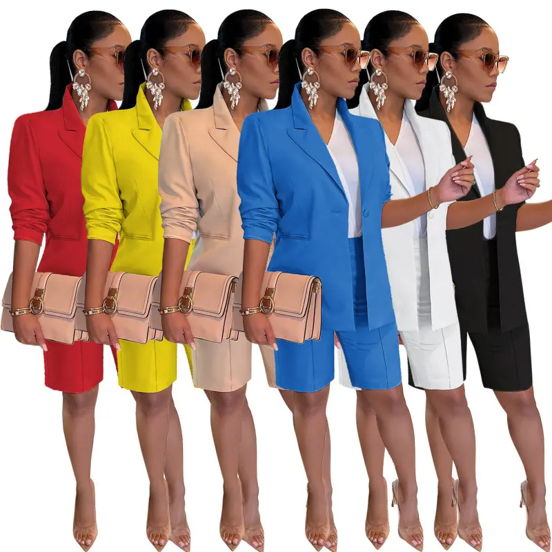 Women's 2-Piece Solid Long Sleeve Full Sleeves Blazer & High-Waist Bermuda Pants Matching Set, Multi-Size Plus Size Business Casual Office Wear Outfit for Vacation Brunch, Lightweight Polyester Everyday Elegant Womenswear Crop Suit, Pants Suit, Urban Look