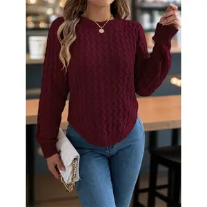 Women’s textured cable-knit sweater with curved hem, casual long-sleeve crewneck jumper for autumn and winter, fashionable ladies’ knitwear for everyday wear GIFT7