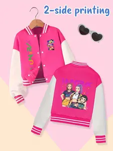 Girls Kpop Demon Hunters Colorful Letter Print Short Baseball Jacket, Kids Casual Fall Winter Elastic Outerwear, Comfortable Fit, Casual Comfy Jacket