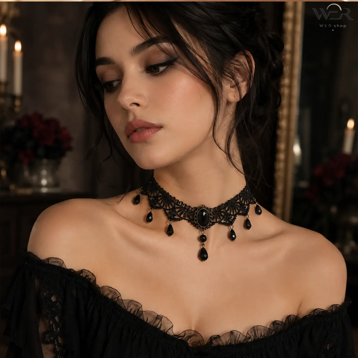 Women's Victorian Goth Lace Necklace with Gemstone Drop, Intricate Statement Costume Jewelry, Lightweight 30g, 29–37 Cm, Dark Gothic Necklaces, Central Oval Pendant, Casual, Fabric, Choker, Faceted Black Gemstone Drops, Daily, Emo Alt Style, Alt Necklaces