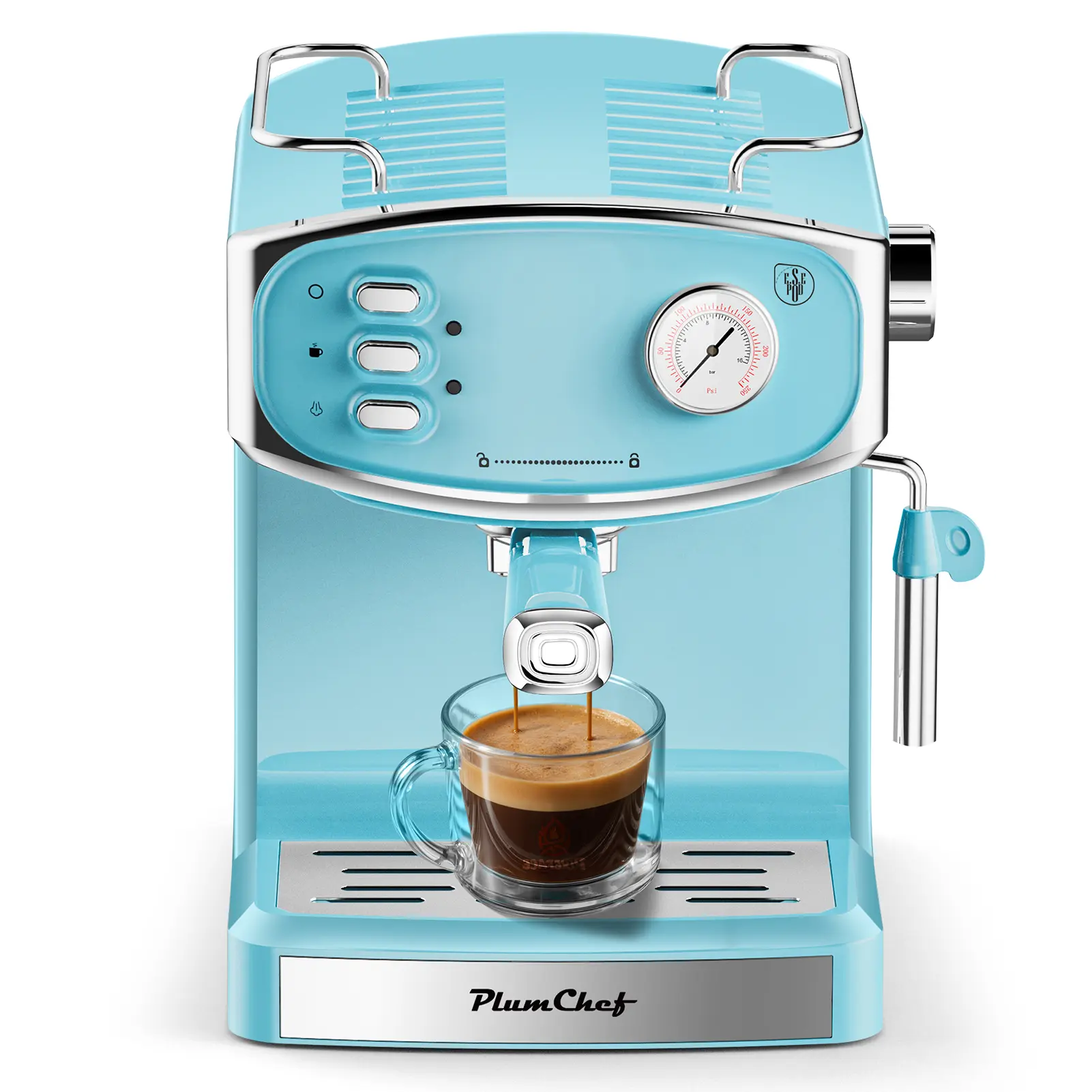 Plum Chef 20-Bar Semi-Automatic Espresso Machine for Home Users - Steam + Espresso Combo, Barista-Quality, Mechanical Control, Easy-Clean, Compact, 54oz Tank, Milk Frother Steam Wand, Pressure Gauge, Low-Noise Brewing, Cup Warmer, Latte at Home Capability