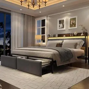 King Size Bed Frame with Storage Headboard and 2 Drawers, Platform Metal King Bed Frame with LED Lights and Charging Station, Noise Free, No Box Spring Needed, Grey, Metal Bed Frames, King-Size Bed Frames
