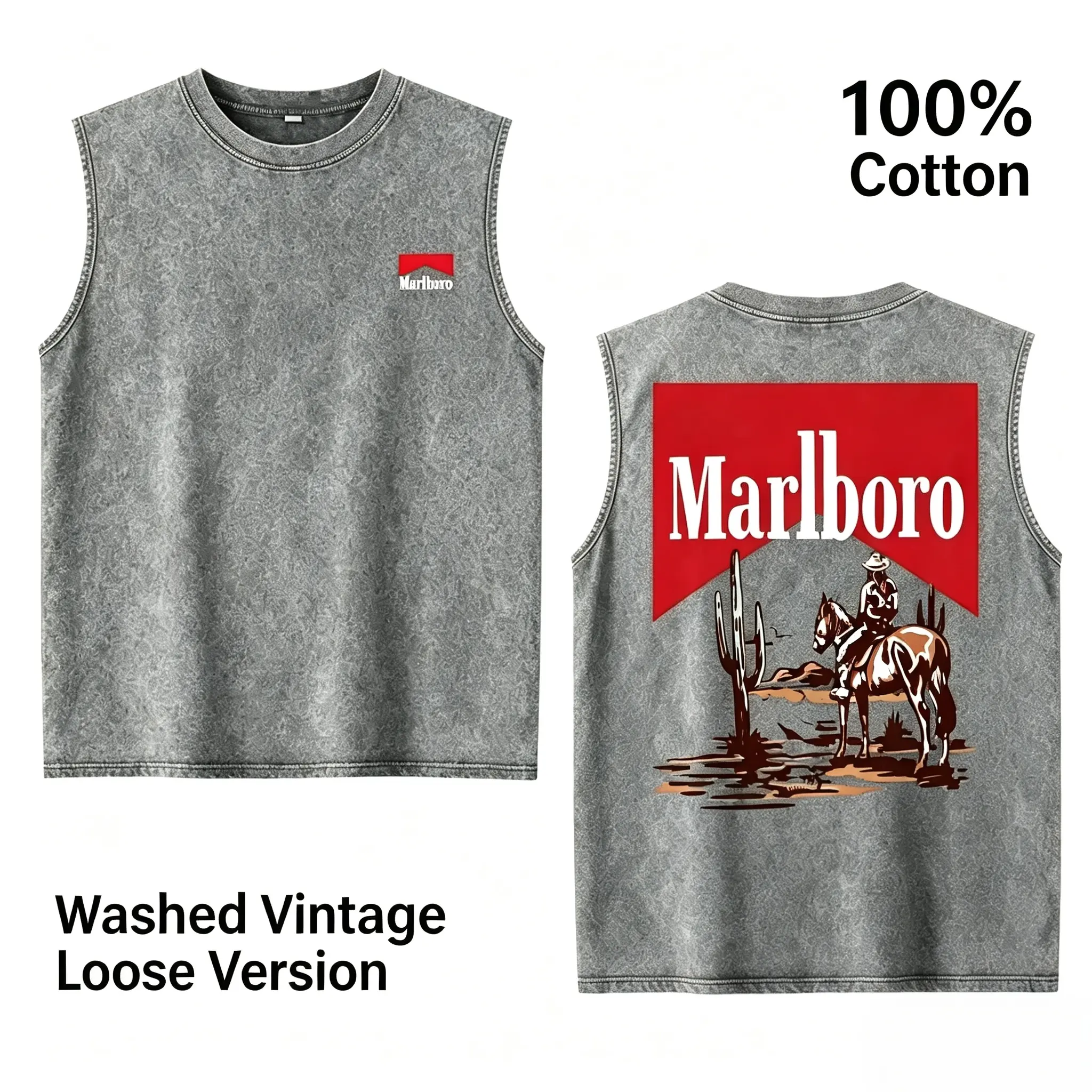 2026 Men's Summer Vintage Washed Western Cowboy 100% Cotton Oversized Round Neck Sleeveless Muscle Tank Top - Retro Print Desert Horse Rider Graphic, Ranch Style Streetwear for Country Fans, Western Clothes, Country Concert Tops