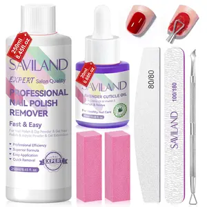 SAVILAND 100% Acetone Nail Polish Remover Set – 8.45oz Professional Nail Polish Remover with Cuticle Oil (Castor Oil & Vitamin E), Nail File & Buffer for Nail Repair and Care