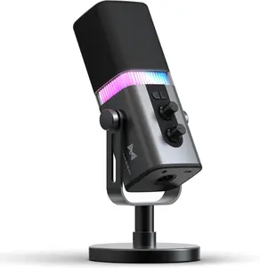 ECHOMUSSY Dynamic Podcast Microphone, USB & XLR Mic with RGB Lighting, Desktop Stand, Mute Button, All-Metal Body, Gain & Volume Control, Gaming Microphone for Livestreaming