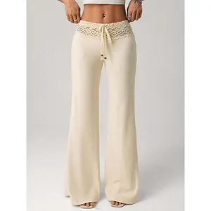 Women’s lace-patch flared pants with an elastic waistband, casual high-waisted comfortable pants, fashionable women’s clothing GARMENTARY