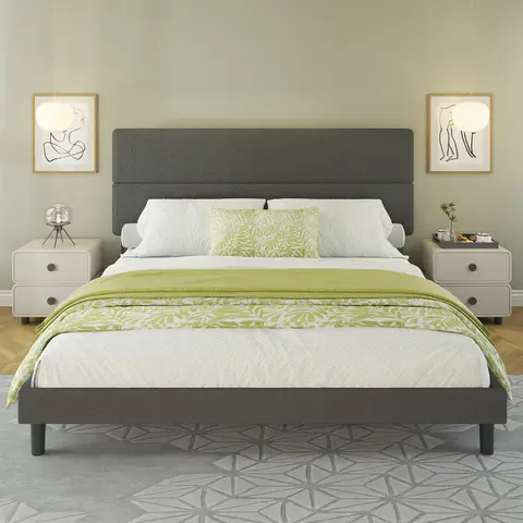 AMERLIFE Boucle Upholstered Bed Frame, Platform Bed with 47.3" High Adjustable Headboard & Strong Wooden Slats, No Box Spring Needed, Unique Bedroom Furniture