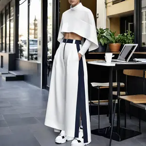 INCERUN Men's 2-Piece Set - Chunky Mock High-Neck Cropped Cape Top, High-Waist Wide-Leg Colorblock Slit Trousers, Athletic Street Style Outfit for Spring, Autumn Parties (Pair with Sneakers), Men's 2 Piece Sets