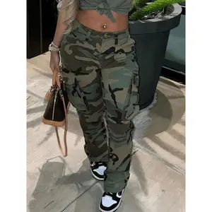 Women's Camo Cargo Pants, Boho Style Rayon with Polyester and Elastane, Multi-Pocket Design, Button Detail, Woven Fabric, All Seasons, Relaxed Detail Blend Pants