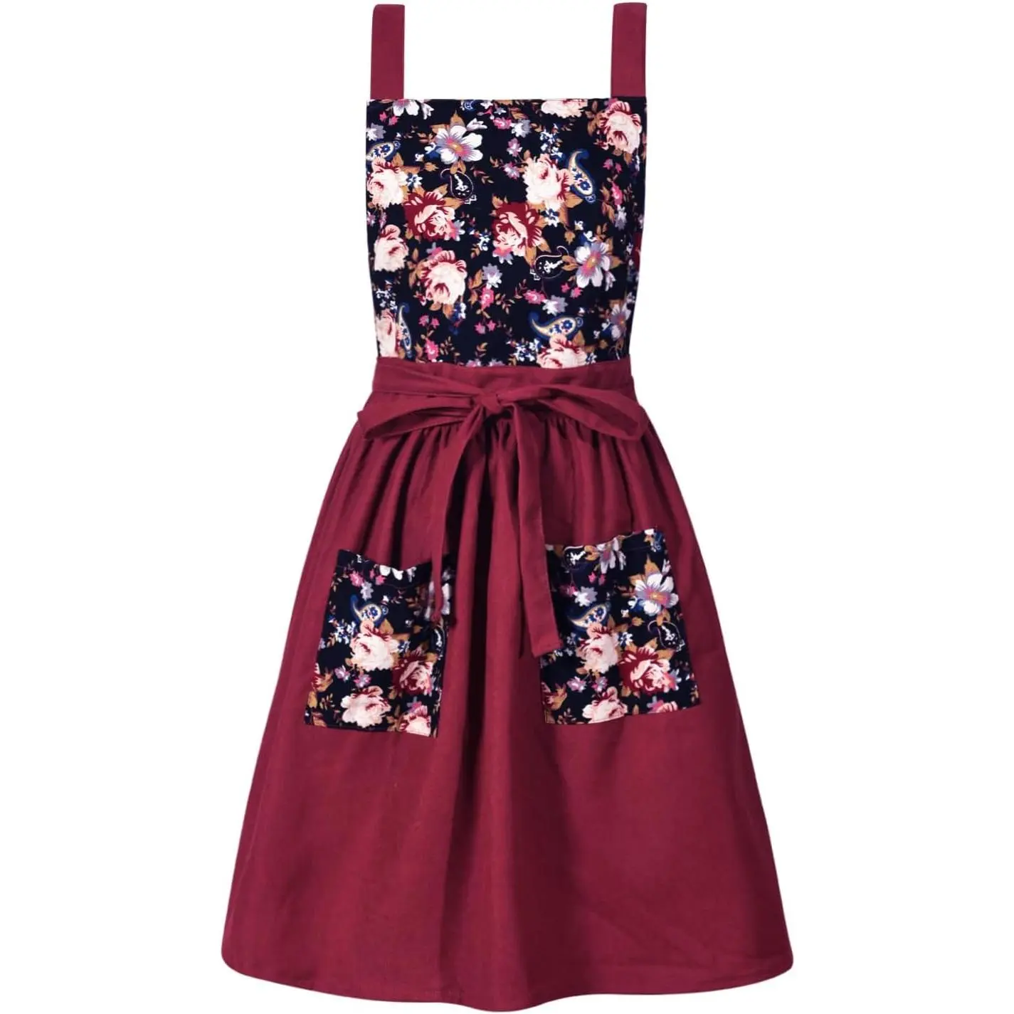 Women's Synthetic Floral Pinafore Apron Dress - 1 Size, Straps, Pockets, Comfortable Fabric, Country Rustic Modern Retro Style for Kitchen Cooking, Gardening, Washable
