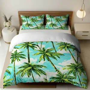 3PCS Duvet Cover Set, 1 Duvet+2 Pillowcases(Without filler), Tropical Palm Tree Sky Summer Beach theme, Holiday bedding set, Relaxing Refreshing Cozy Lightweight Suitable for decoration Bedroom Living Room Guest Room Hotel
