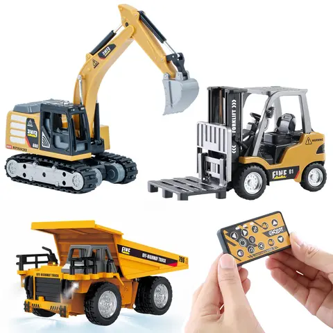 1/64 Full-Proportional RC Construction Vehicle Set - 11 Channels Remote Control Forklifts & Excavator, Mini Toy Vehicle, Rechargeable USB Battery, Lights & Sounds, Durable & Fun, for Back-to-School Activities, Ages 6+ Unisex Kids Toy