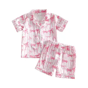 Toddler Baby Little Girls Pajamas Sets Short Sleeve Lapel V Neck Bow Striped Print Tops and Shorts Satin Sleepwear Loungewear 1-6 Years
