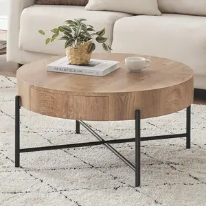 Round Coffee Table with Two Drawers Circle Center Table with Storage Farmhouse Coffee Table Living Room Wood Look Cocktail Table with Metal Frame Natural