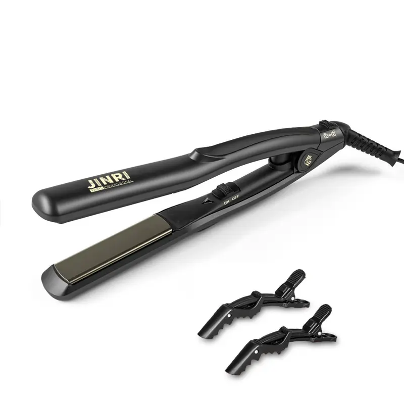 JINRI 25W Portable Straightener - 0.8 Inch Flat Iron with Titanium Plate, Plastic Body, Dual Voltage (100-240V) Travel-Size Manual 2-in-1 Curling & Straightening Tool for All Hair Types, Black with Color Box