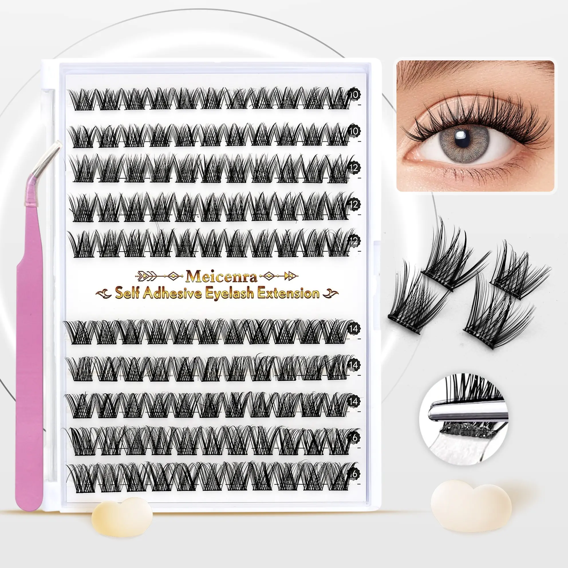 Meicenra Self Adhesive Eyelash Press on Lash, False Eyelashes Extensions, Cosmetic False Lashes, Volumized False Eyelashes, DIY Fluffy D Curl Extensions for Soft and Voluminous Look, Easy at Home Application, Diy Volume Eyelashes