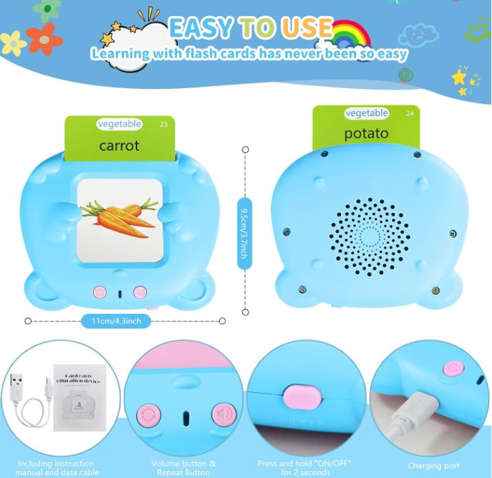 Children’s early education talking flash card toy machine, pink and blue dual-color electronic word reader, 224 words, 112 double-sided flashcards, Montessori educational learning toy for boys and girls ages 2–6