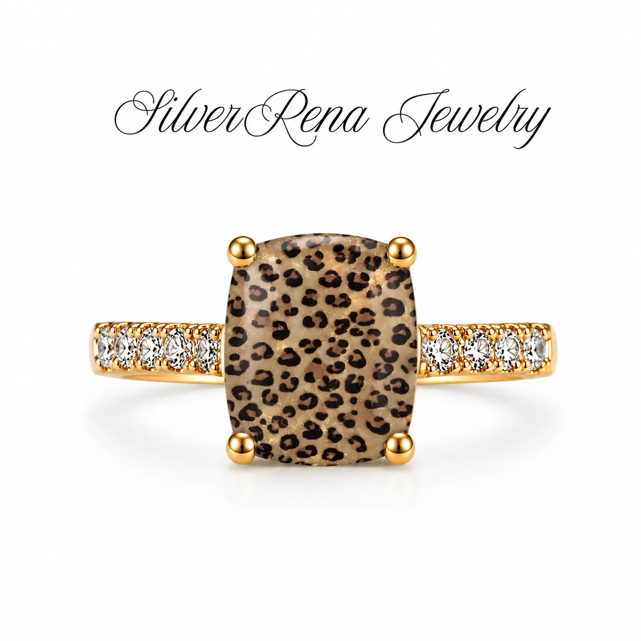 Retro Gold Plated Leopard Print Rectangle Stone Ring, Dazzling Pave Crystal Split Band Wild Animal Print Statement Ring, Edgy Chic Jewelry For Night Out, Festival & Daily Street Style