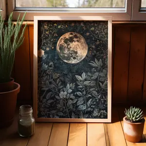 Moon Eclipse Botanical Art Print, William Morris Dark Academia Wall Art Unframed