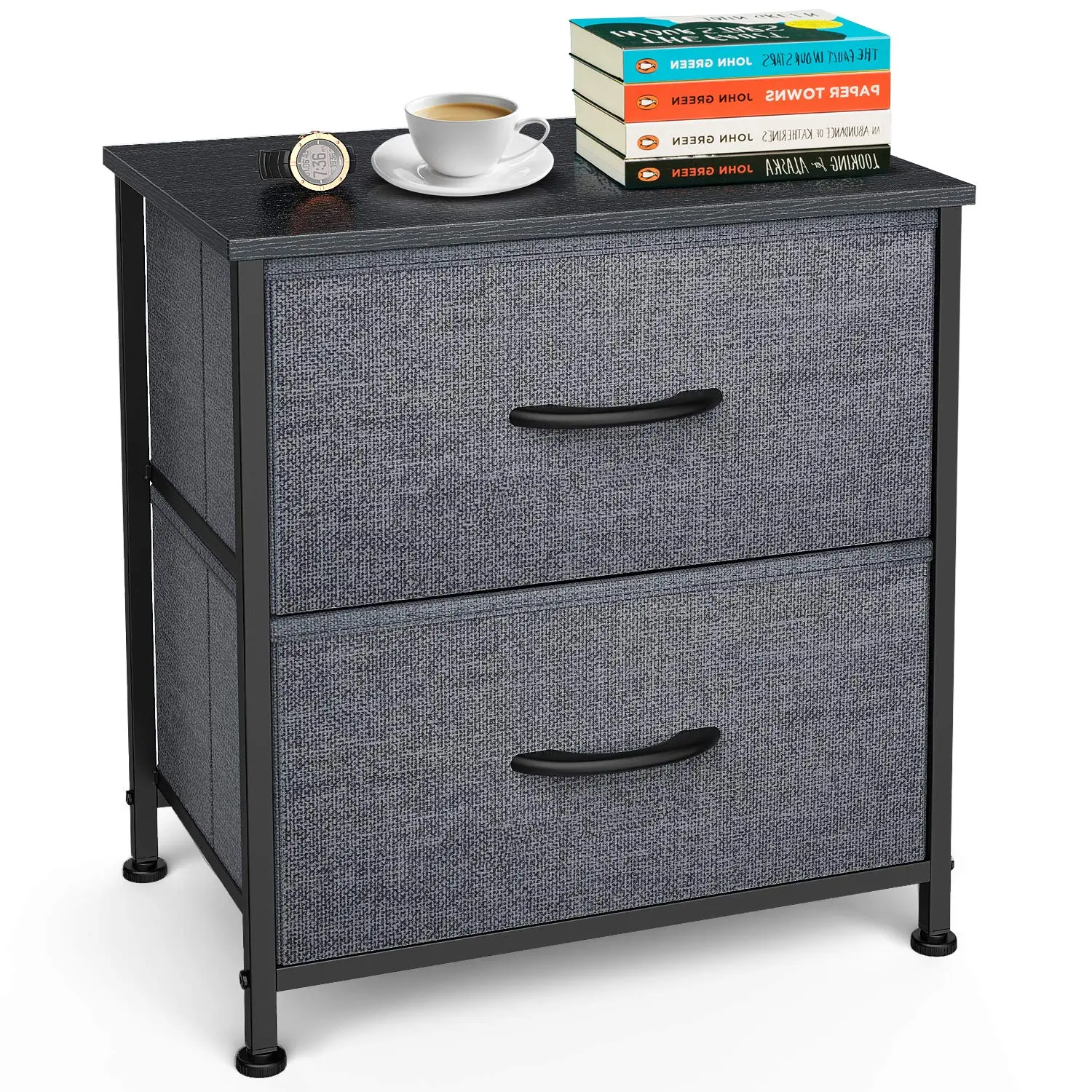 Nilight Compact Bedroom Dresser Storage Tower - Sturdy Heavy-Duty Metal Frame, Wood Top, 2 Fabric Drawer Bins, Easy Setup Home Furniture Living Room Small Organizer Unit, Dark Gray, 17.7"X11.8"X20", Feet Pads