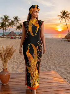 Women's Elegant Chic Animal Print Floral Long Dress Set, Slim-Fitting Moo Moo Robe & Scarf, Beach Sun Protection Shawl, All Seasons Fashion