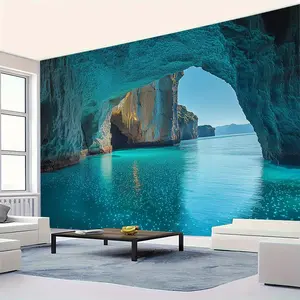 1PC,2D Flat Fantasy Blue Cave Sea View Backdrop, Festival Event Decoration Cloth, Photography Shooting Background Curtain, Cave Ocean Scenery Background Wall Cloth, Party Decoration Background