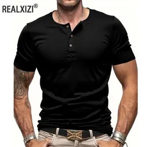 Men’s short-sleeve henley-neck T-shirt, solid color, slim fit, buttoned neckline, casual and cozy, streetwear