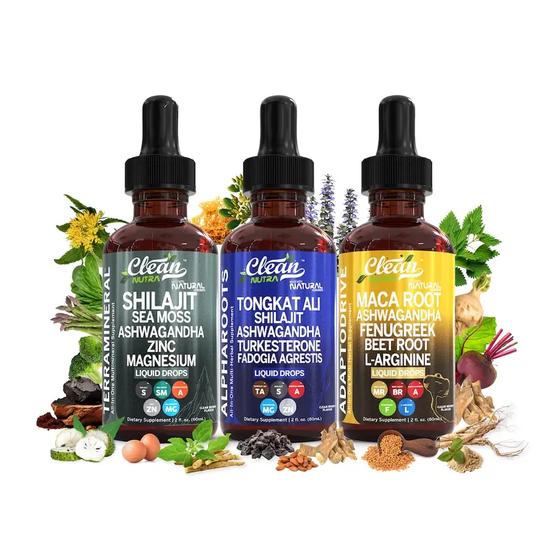 Clean Nutra Mind-Muscle Mineral Trio | Shilajit, Tongkat Ali, Maca Root & More for Energy, Strength & Mental Clarity Liquid Drops [TerraMineral + AlphaRoots + AdaptoDrive]