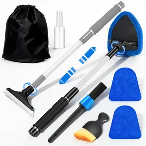Car Windshield Cleaning Tool Extendable Auto Glass Wiper Kit with 3 Microfiber Pads & Detailing Brush, Interior Window Cleaner for Car, Truck, SUV & Home Window Cleaning, Blue