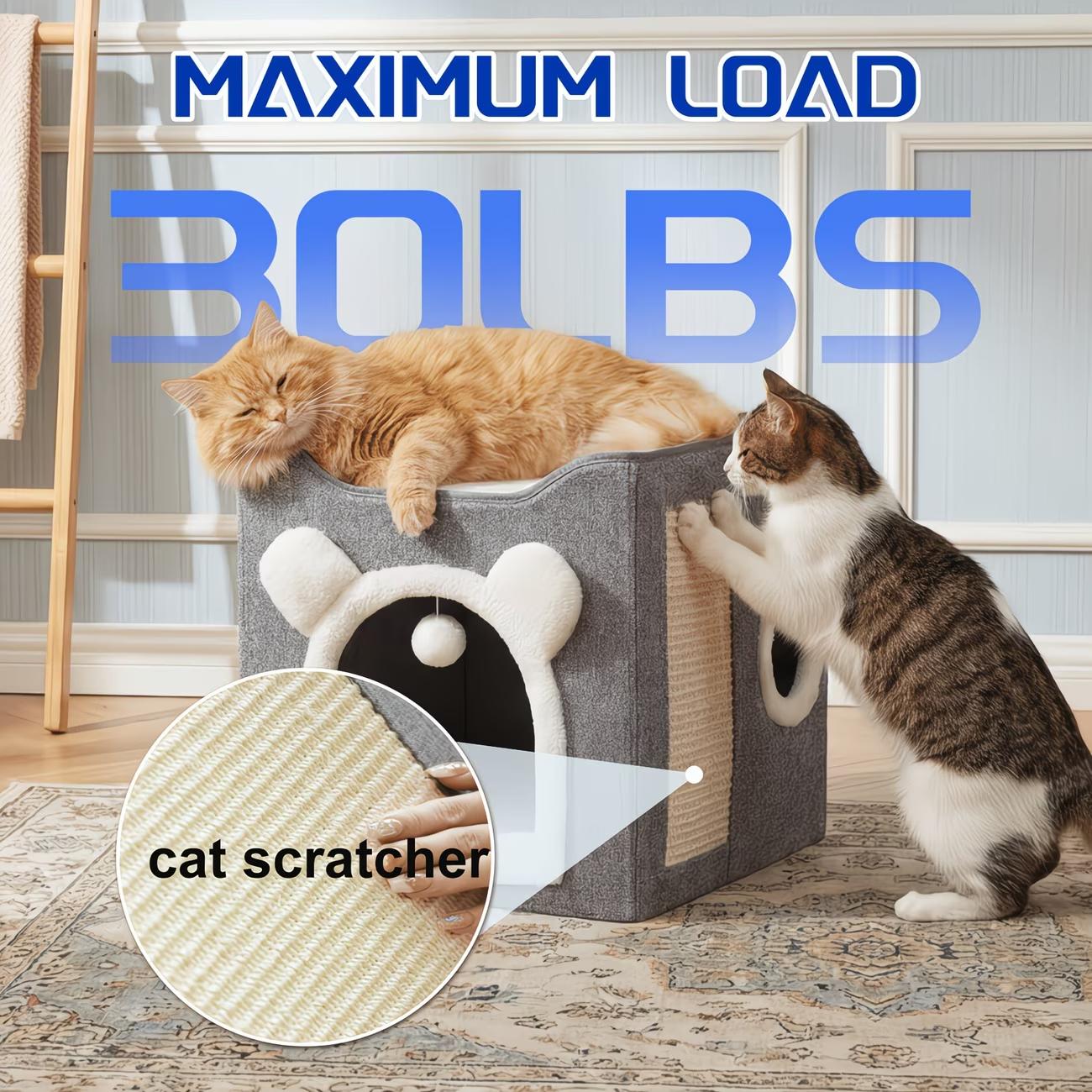3-in-1 Foldable Cat House & Sisal Scratcher | Double-Layer Semi-Enclosed Bed | For Anxious Cats
