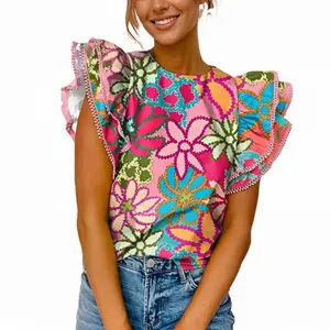 Asvivid Women's Casual Vibrant Floral Print Boho Shirt Top Tiered Ruffle Sleeve Blouse Cute Summer Tops Shortsleeve