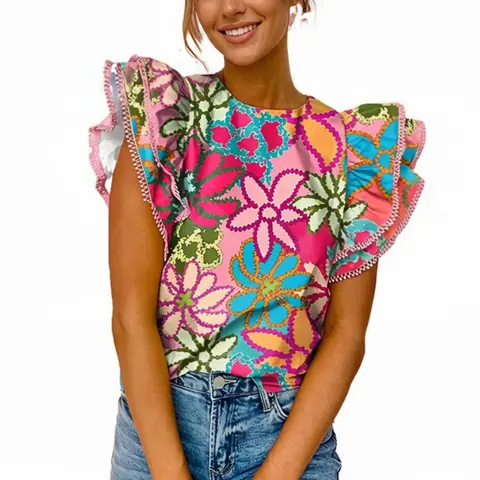 Asvivid Women's Casual Vibrant Floral Print Boho Shirt Top Tiered Ruffle Sleeve Blouse Cute Summer Tops Shortsleeve Womenswear