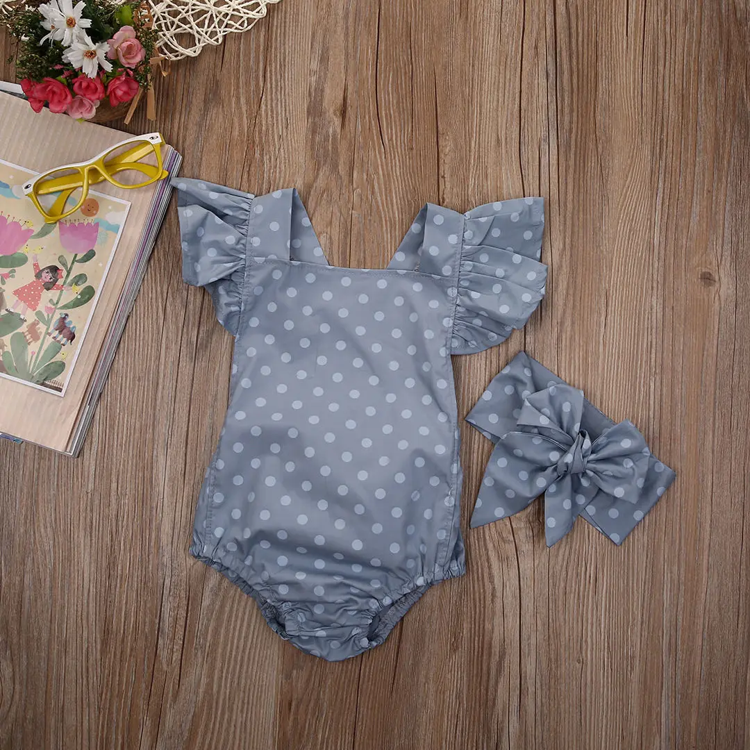 Newborn Baby Girl Romper Summer Fluffy Sleeve Polka Dots Smocked Casual Clothes Outfit Jumpsuit with Bow Headband