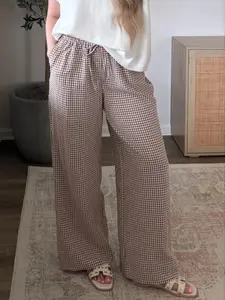 Women's Casual Plaid Long Pants, Loose Button Design, Elastic Waist, Pocket Cotton Wide Leg Pants, Comfortable and Versatile, Aesthetic, Casual Street Pants, Casual Elastic Waisted