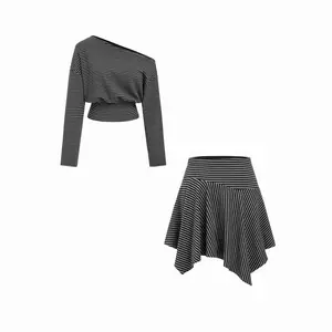 Cider Cotton-blend Asymmetrical Neck Stripe Top & Mid Rise Hanky Hem Midi Skirt Set