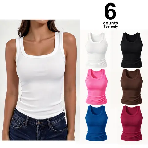【Limited Time Deal】Women’s Square Camisole Neck Fitted Poly Rib Tank Top - New Arrival, Fast Shipping, Lightweight Polyester Mix Tee, Women's Tops, Casual Work & Going Out Wear, 2026 Fashion Clothing