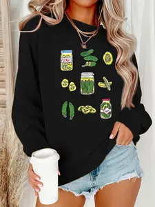 Women's Pickle Jar & Cucumber Print Drop Shoulder Sweatshirt, Casual Long Sleeve Round Neck Pullover for Fall & Winter, Ladies Clothes for Daily Wear