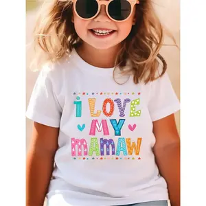 Child-Size Girls' T-Shirt - I LOVE MY MAMAW Letter Print, Polka Dots, Stripes, Hearts, Floral Motifs, Soft Comfortable Round Neck, Casual Fashionable, Suitable for Daily Activities, Child-Size Girls' T-Shirts