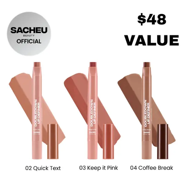 sacheu DoubleDown Lip Definer Trio - 3-Pack 2-in-1 Lip Liner & Balm Set, Long-Lasting K-Beauty Lipstick with Satin Finish, Avocado Oil & Vitamin E, Nude, Pink & Brown Shades Pigmented Lip Balm