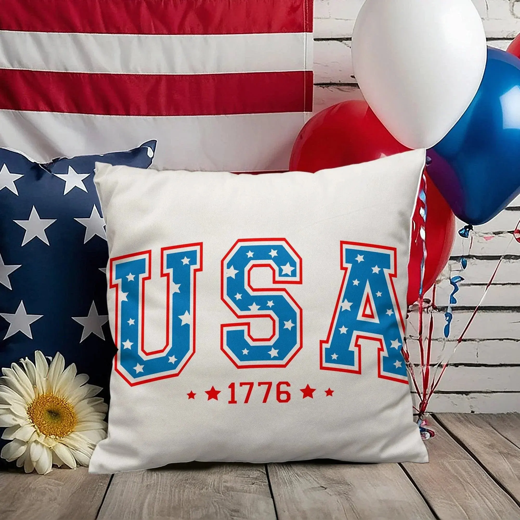 USA 1776 Patriotic Indoor Outdoor Pillow – American Flag Throw Pillow – Americana Farmhouse Decor – 4th of July Cushion – Red White Blue Home Accent