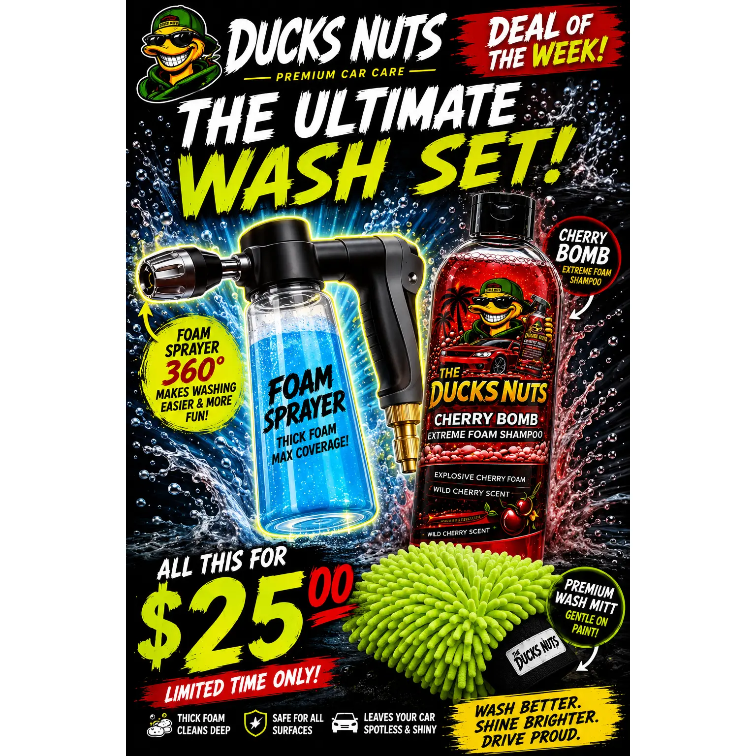 Ducks Nuts Ultimate Car Wash Set - 360° Foam Sprayer, Cherry Bomb Shampoo, Premium Wash Mitt - Complete 3-Piece Kit for Cars, Trucks, SUVs - Wild Cherry Scented - Affordable Car Care