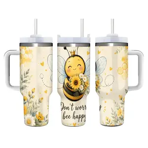 40oz Cute Bee and Sunflower Don’t Worry Bee Happy” Pattern Stainless Steel Tumbler， Tumbler with Handle and Straw Double Wall Vacuum Insulated Travel Mug， Coffee Cups With Lids， Perfect Gifts For Birthday Holidays.