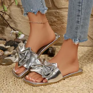 Women's Trendy Bow Decor Open Toe Slippers Ladies' Square Toe Flat Slide Sandals for Summer