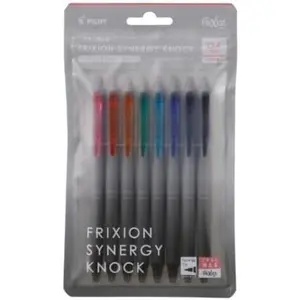 Frixion Synergy Knock, 8 Color Set, Slide Clicker Retractable Erasable Gel Ink Pens with Synergy Tip, Refillable Extra Fine Point 0.4mm, 8Pack, Assorted Colors, LFSK148C