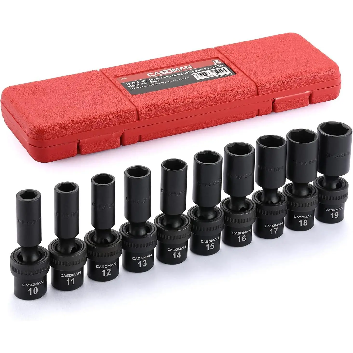 10 PCS 3/8" Drive Deep Standard Universal Impact Socket Set, 6 Point, CR-MO, Metric,10-19mm