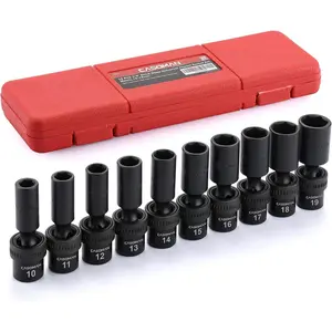 10 PCS 3/8" Drive Deep Standard Universal Impact Socket Set, 6 Point, CR-MO, Metric,10-19mm